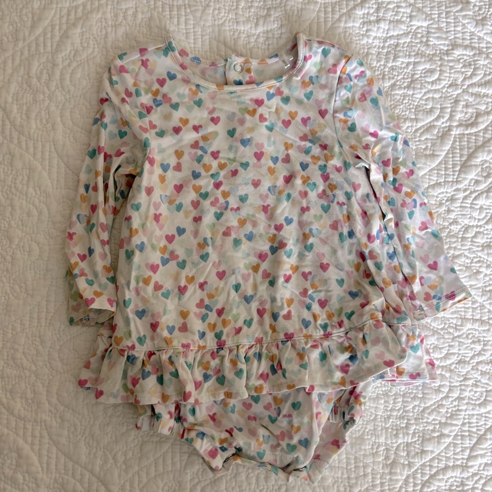 Posh Peanut Baby Girl 3-6 month long sleeved bodysuit dress with rainbow hearts